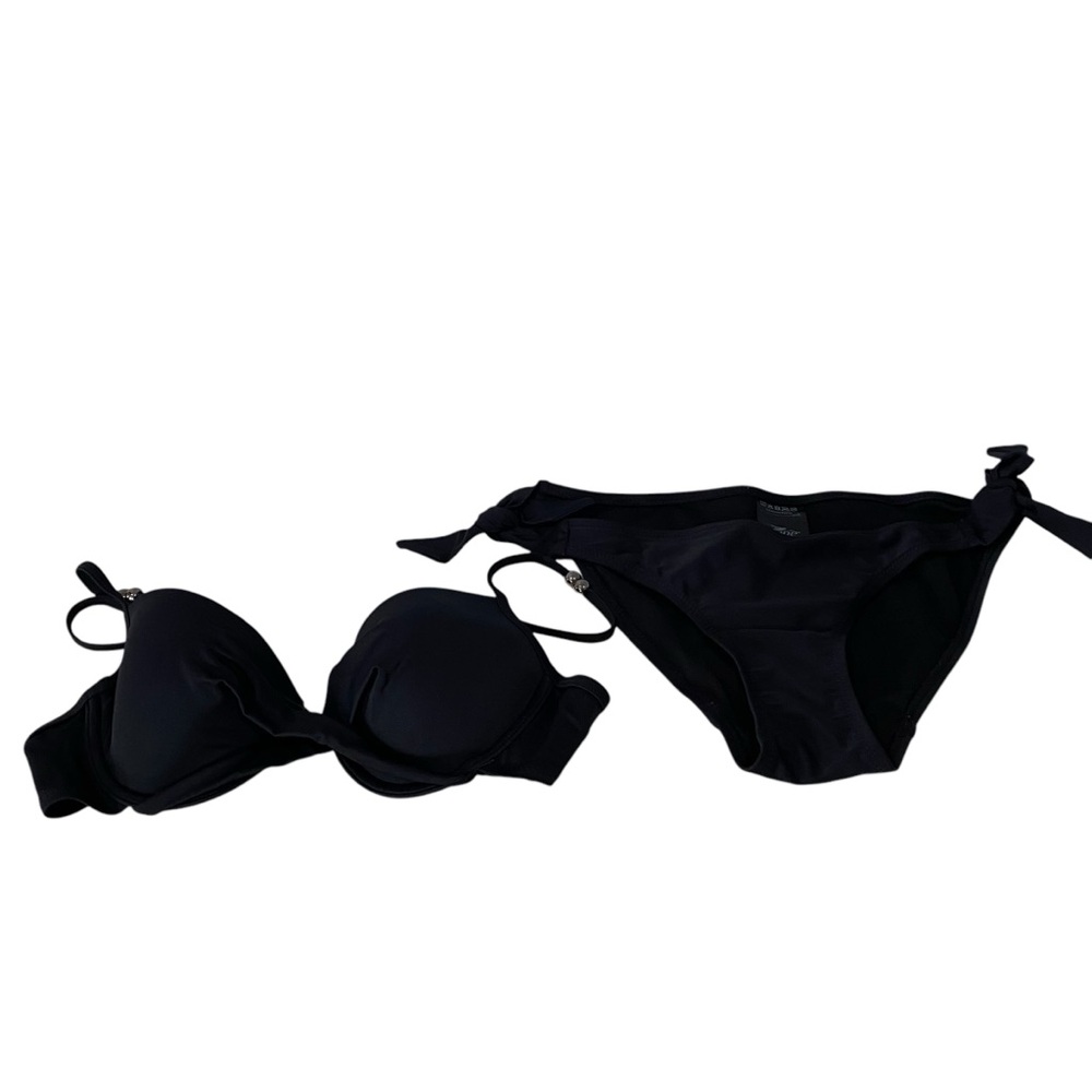 Crane Black Pleated Detail Basic Swim Swimming Swimwear Bikini Set XS/S